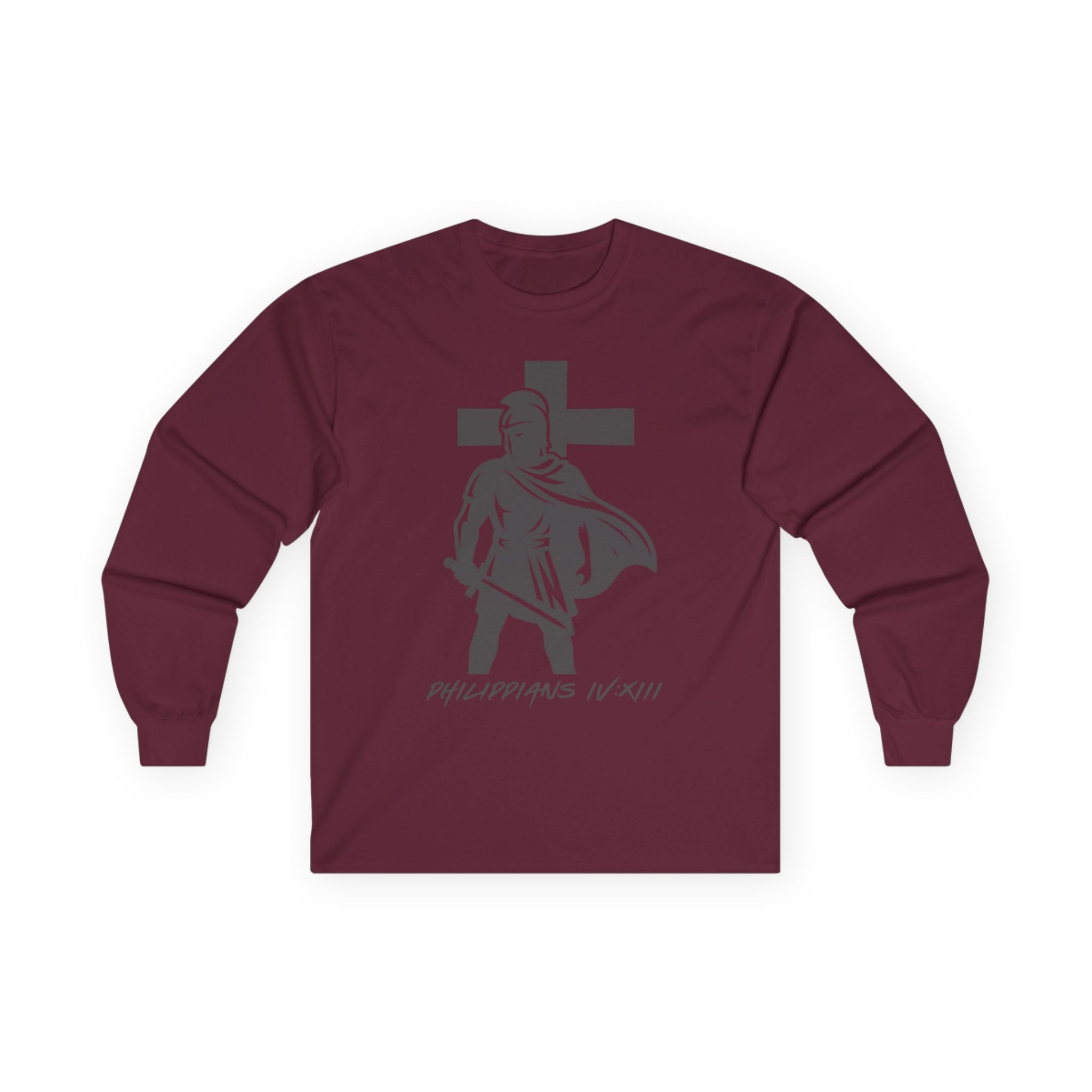 The Warrior's Strength Long Sleeve Tee | Philippians 4:13 Back Print | Scriptura Statement
