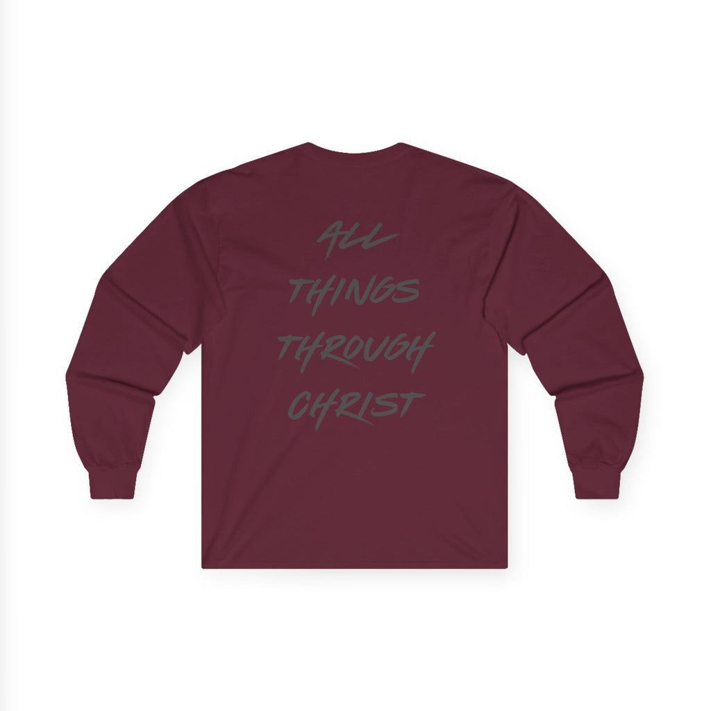 The Warrior's Strength Long Sleeve Tee | Philippians 4:13 Back Print | Scriptura Statement